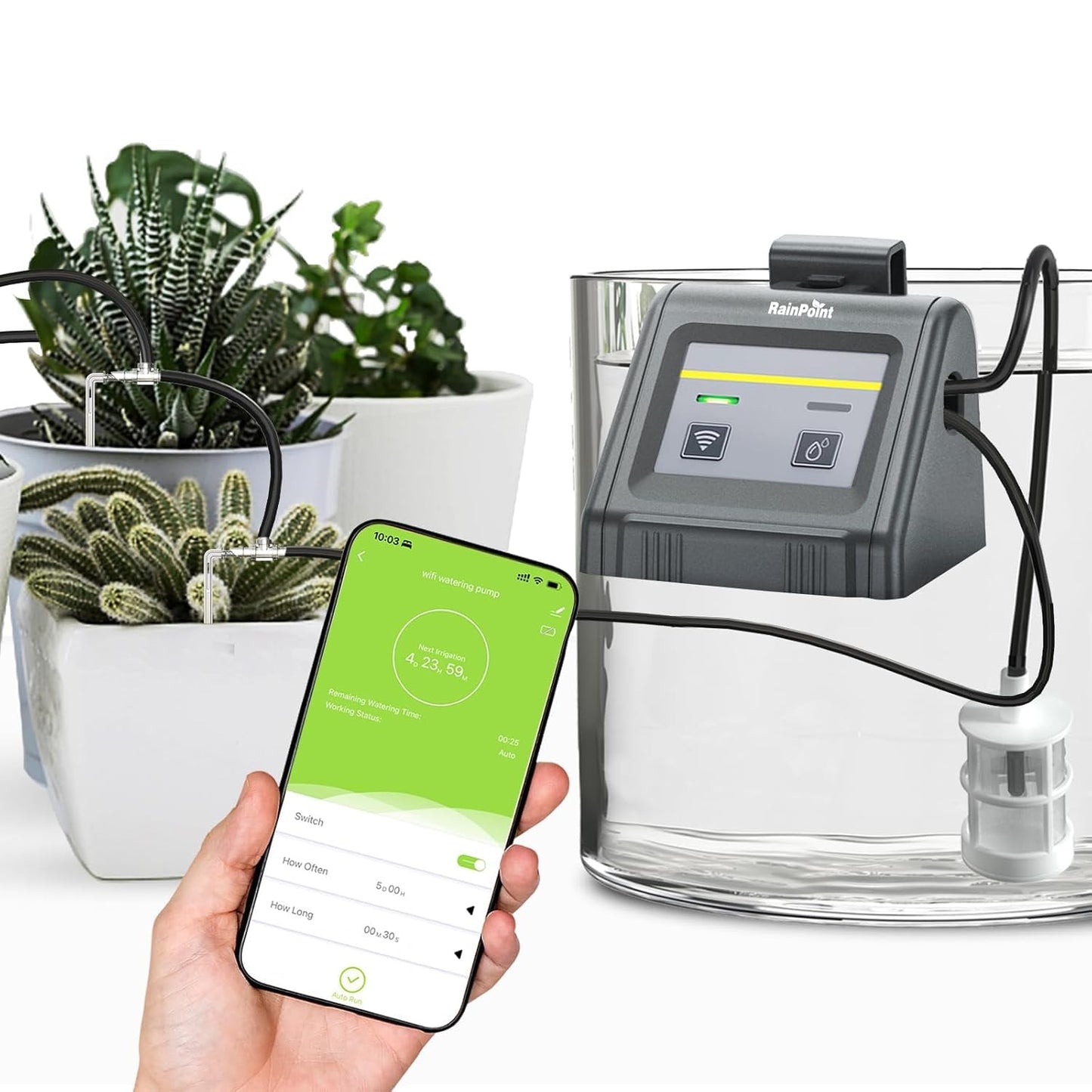 Kit d'arrosage goutte à goutte – réglable, commande via application, connexion Wi-Fi, 10 Pots